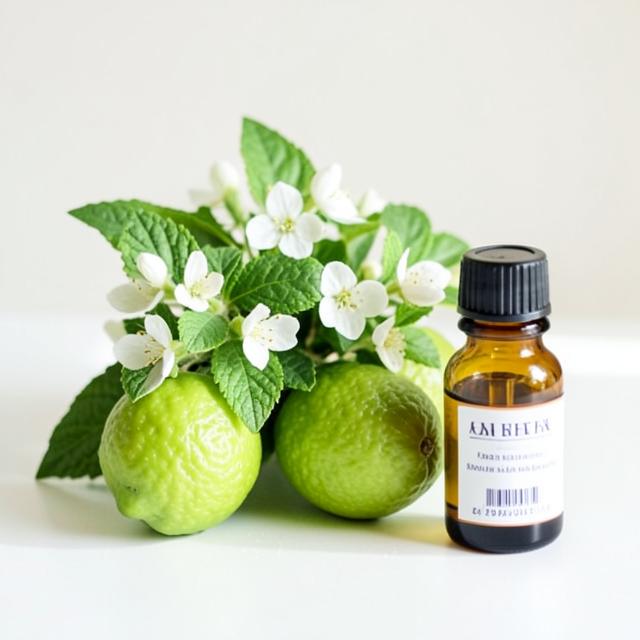 Green bergamot fruits with blossoms beside a small amber bottle of essential oil