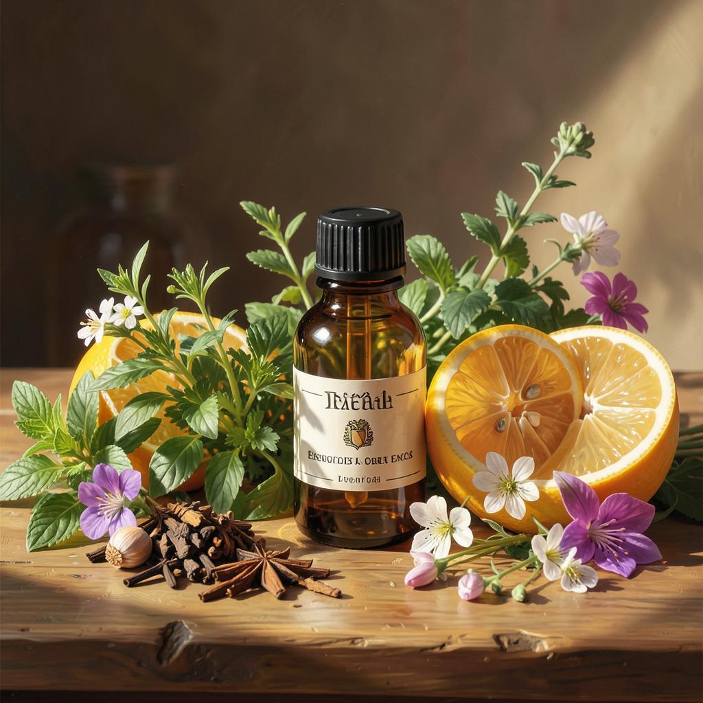 Fresh basil leaves beside a small amber bottle of essential oil