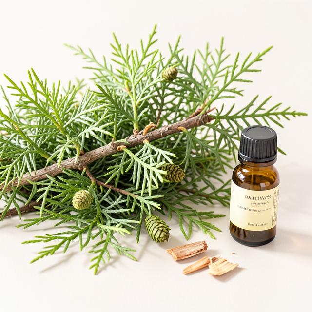 Cedar branches and wood chips beside a small amber bottle of essential oil