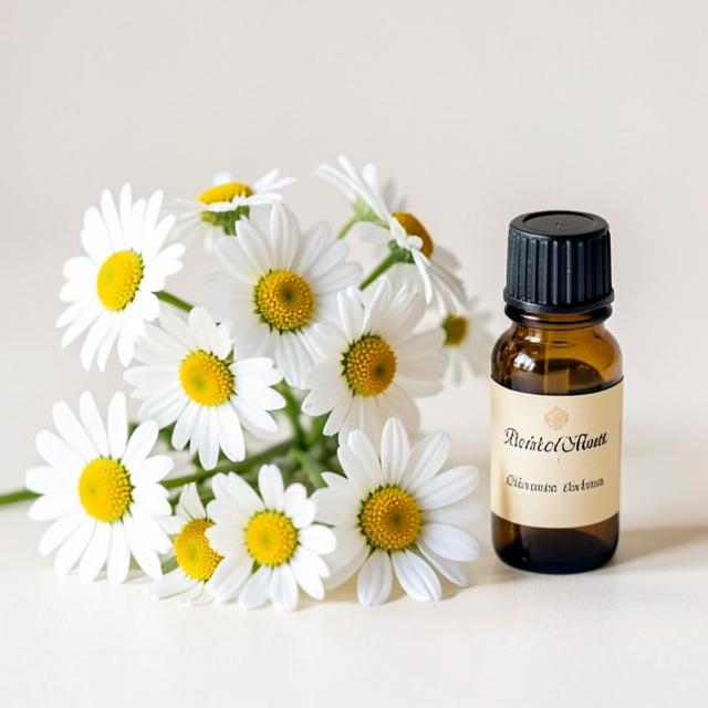 Chamomile daisies beside a small amber bottle of essential oil