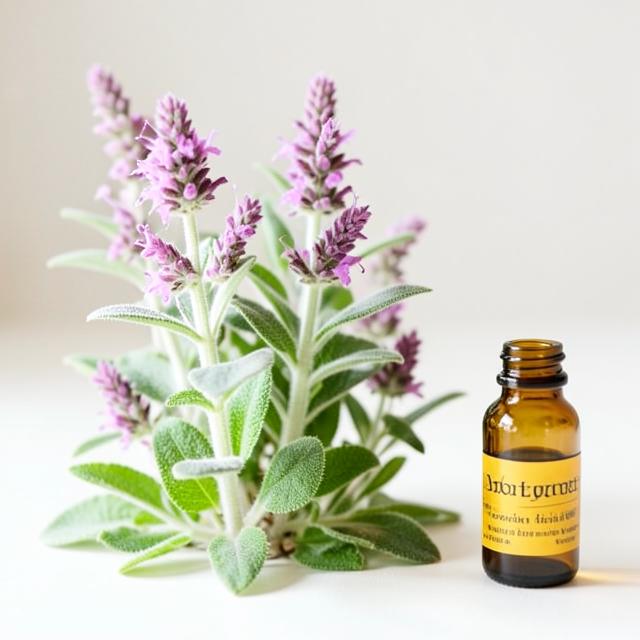 Clary sage flower spikes beside a small amber bottle of essential oil