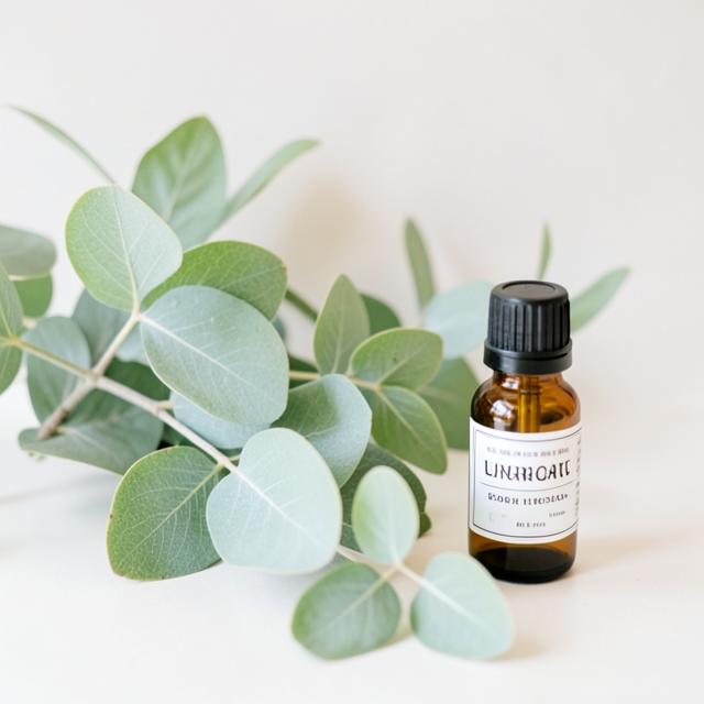 Silvery eucalyptus leaves beside a small amber bottle of essential oil