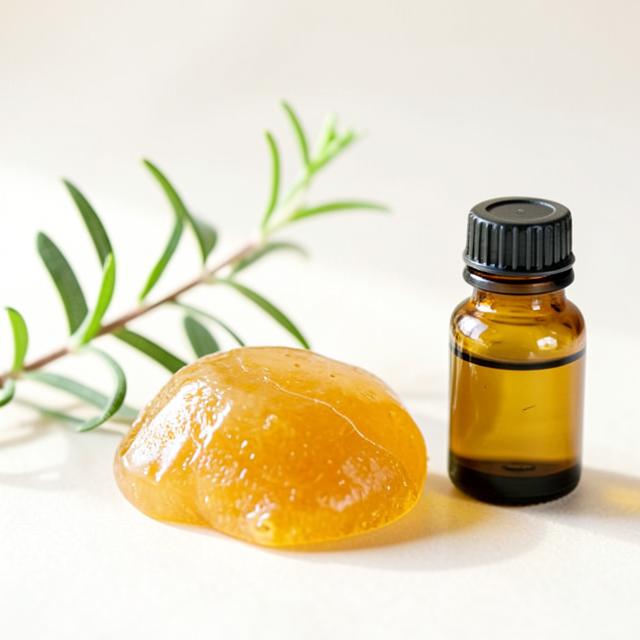 Golden frankincense resin beside a small amber bottle of essential oil