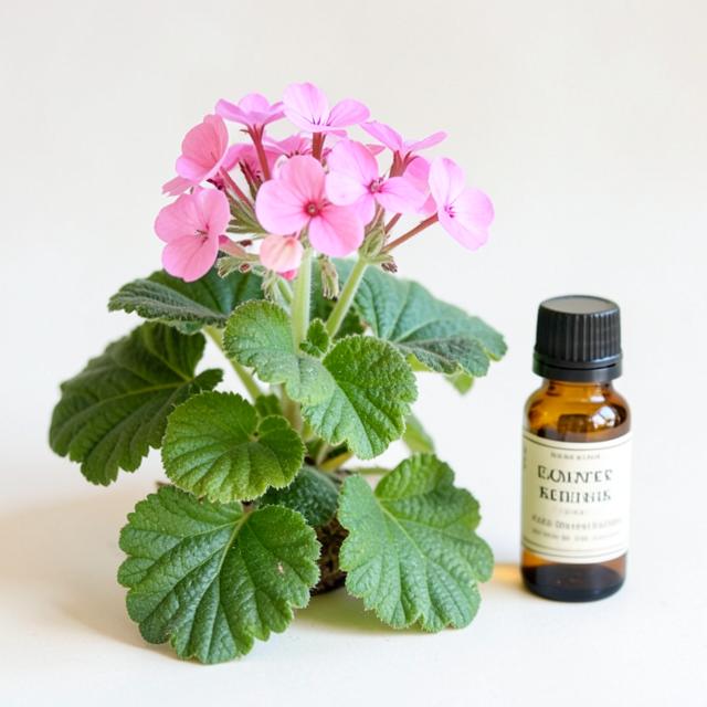 Pink geranium flowers and leaves beside a small amber bottle of essential oil