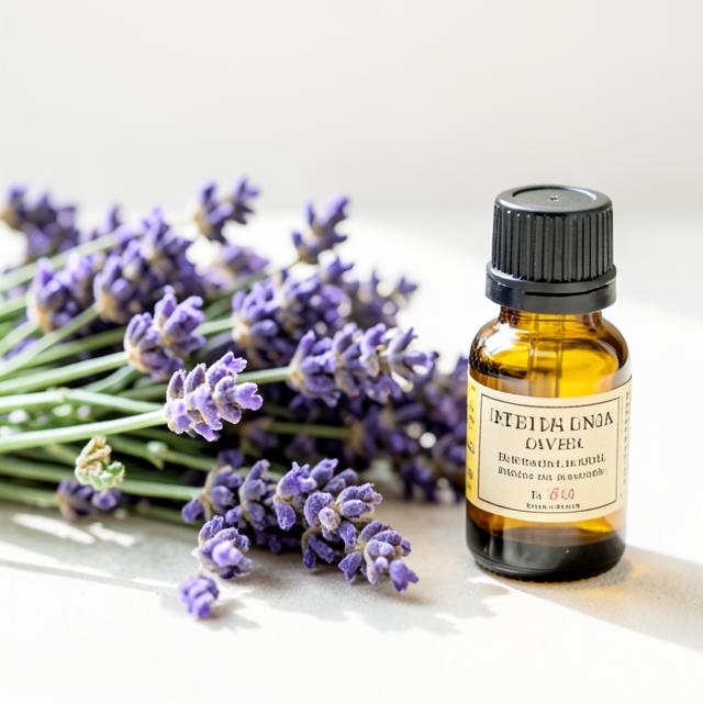 Fresh lavender sprigs beside a small amber bottle of essential oil