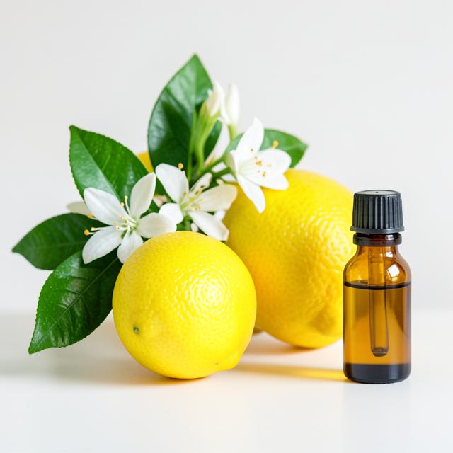 Fresh lemons with white blossoms beside a small amber bottle of essential oil