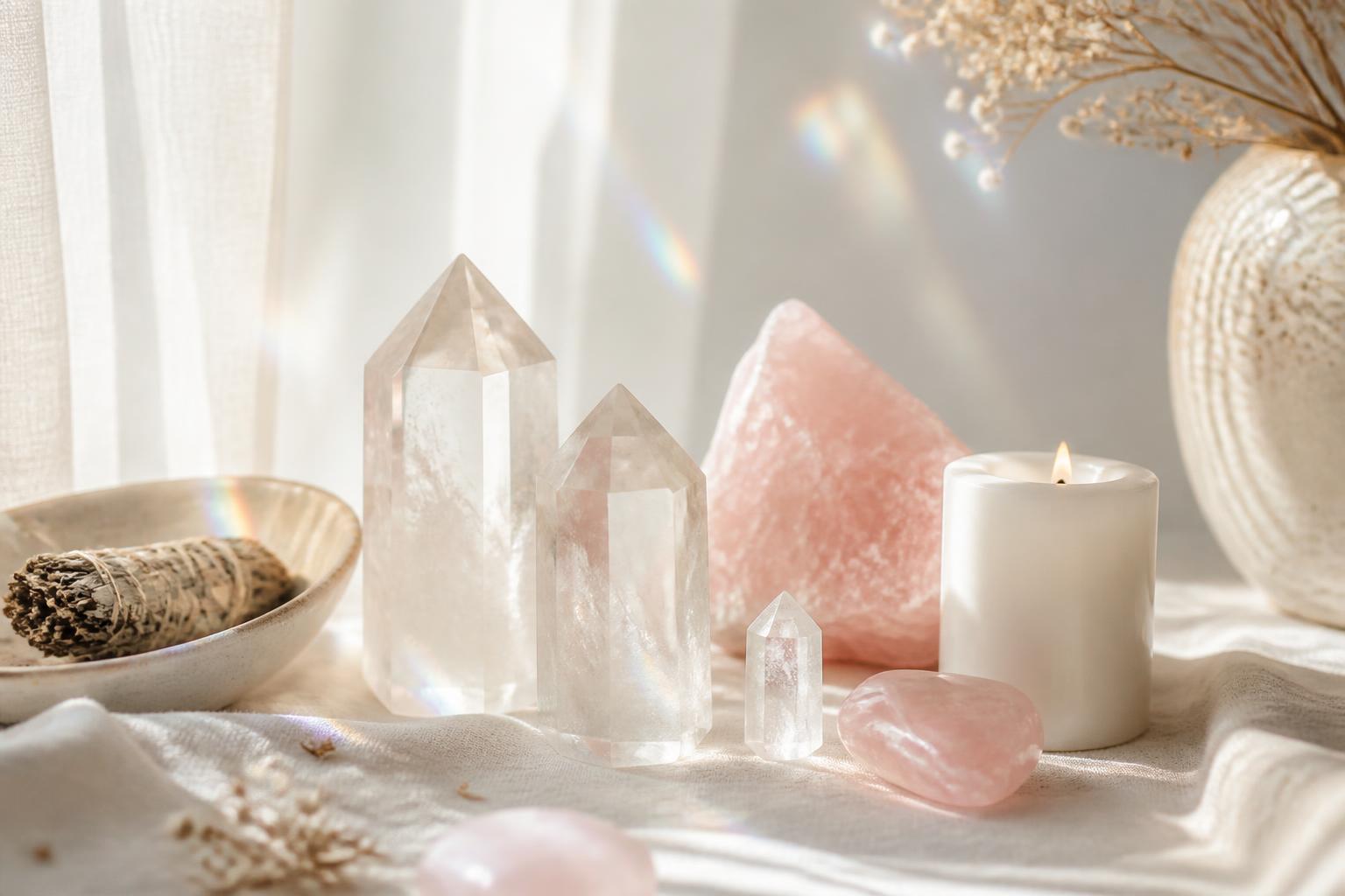 Clear and rose quartz crystals beside a lit white candle in soft daylight
