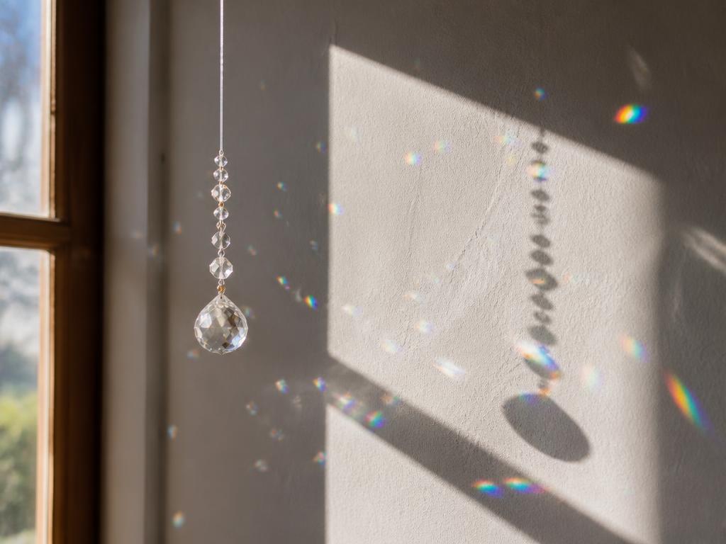 A crystal suncatcher hanging in a sunny window scattering rainbow light