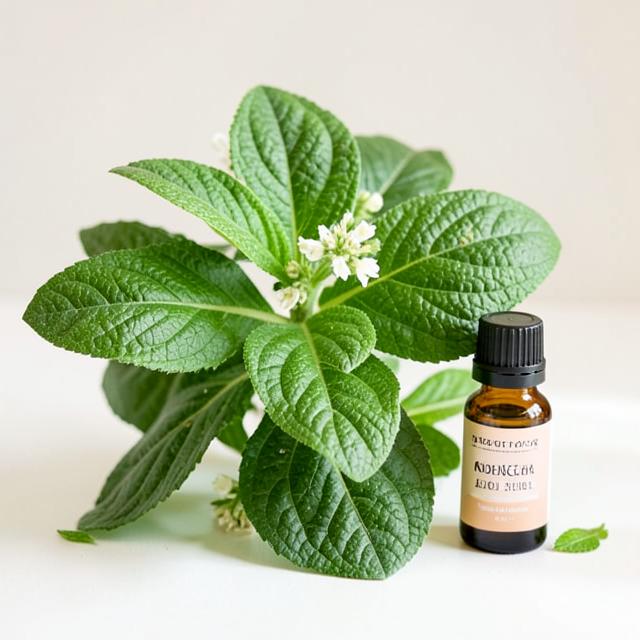 Patchouli leaves beside a small amber bottle of essential oil