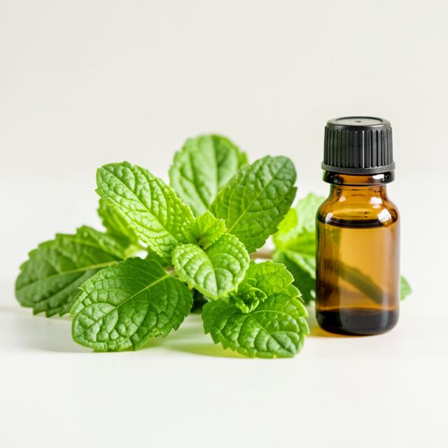 Vivid green peppermint leaves beside a small amber bottle of essential oil