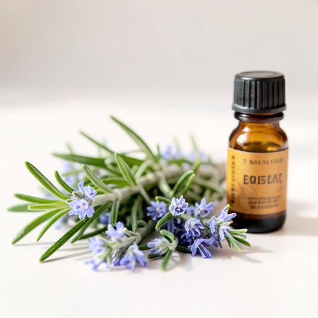 Rosemary sprigs with tiny blue flowers beside a small amber bottle of essential oil