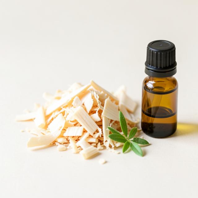 Sandalwood chips beside a small amber bottle of essential oil