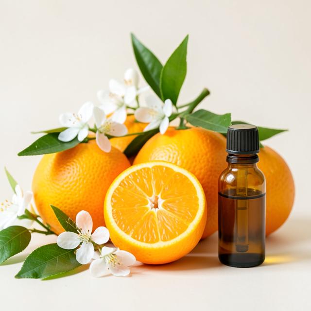 Oranges with white blossoms beside a small amber bottle of essential oil