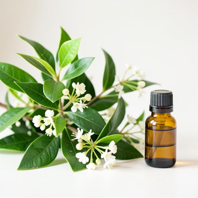 Tea tree leaves and white blossoms beside a small amber bottle of essential oil