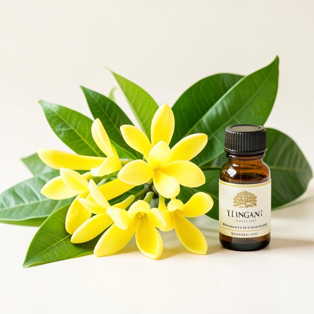 Yellow ylang ylang flowers beside a small amber bottle of essential oil